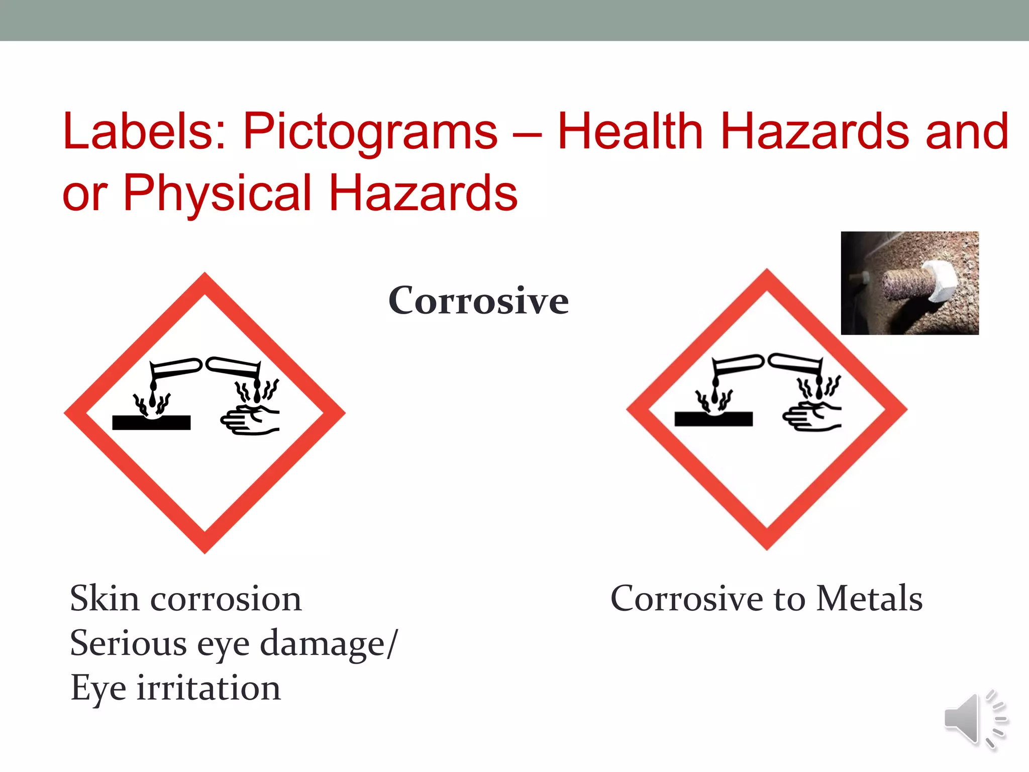 Labels: Pictograms – Health Hazards and
or Physical Hazards
Corrosive

Skin corrosion
Serious eye damage/
Eye irritation

Corrosive to Metals

 