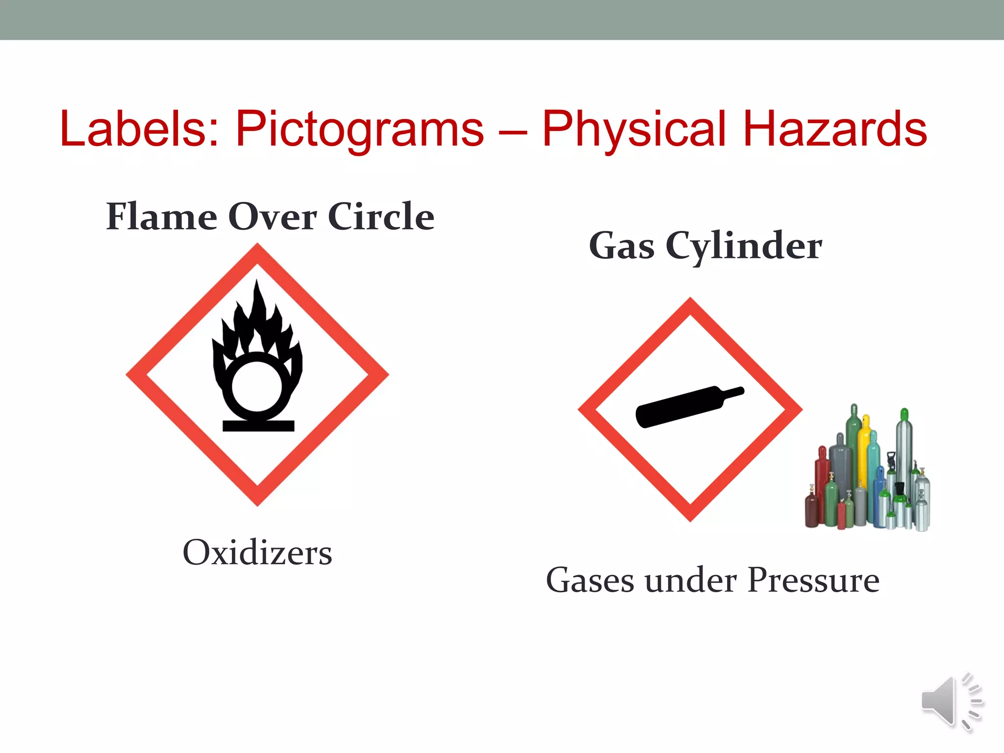 Labels: Pictograms – Physical Hazards
Flame Over Circle

Oxidizers
Explosives
Self reactive
Organic peroxides

Gas Cylinder

Gases under Pressure

 
