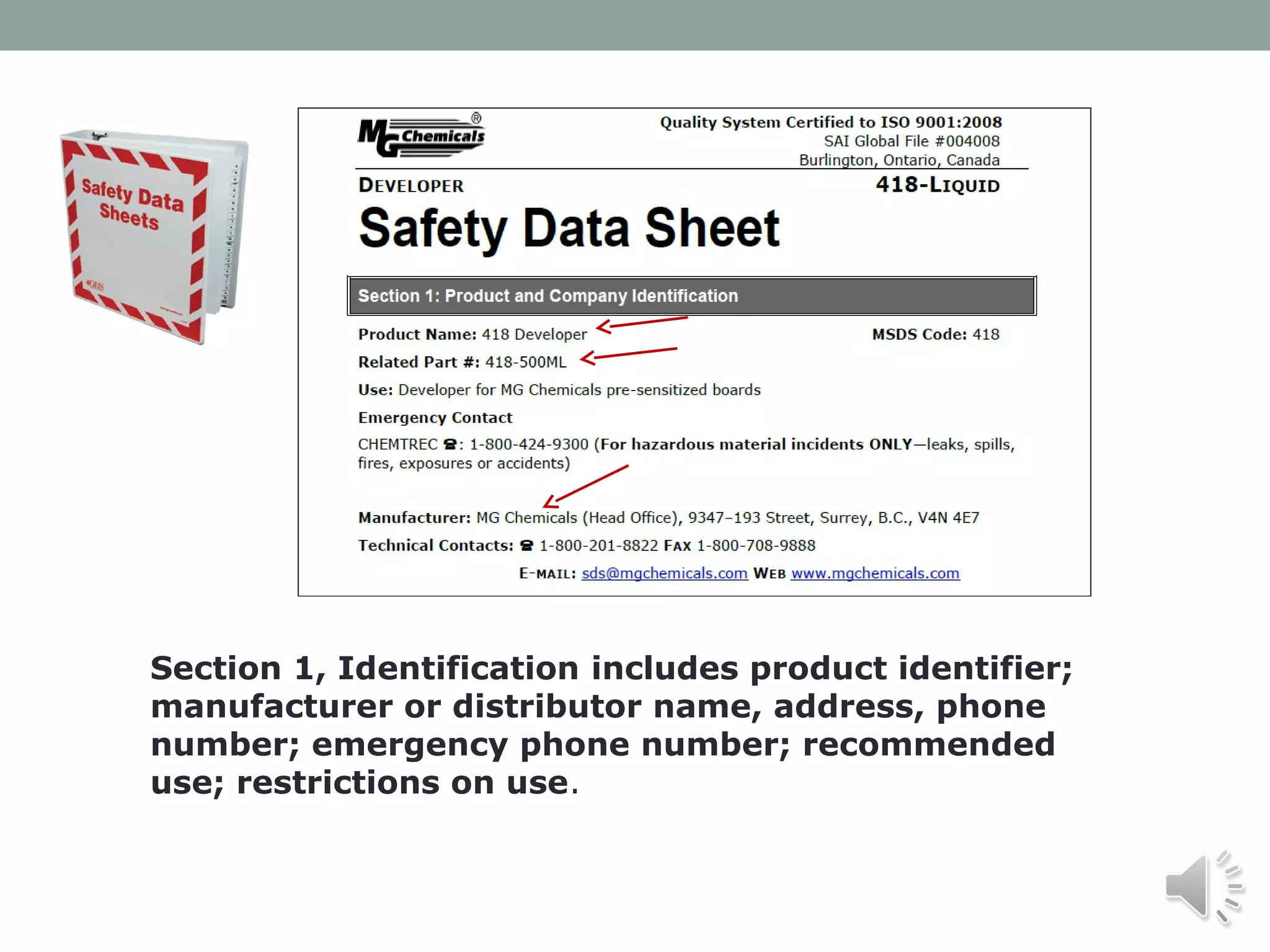 Section 1, Identification includes product identifier;
manufacturer or distributor name, address, phone
number; emergency phone number; recommended
use; restrictions on use.

 