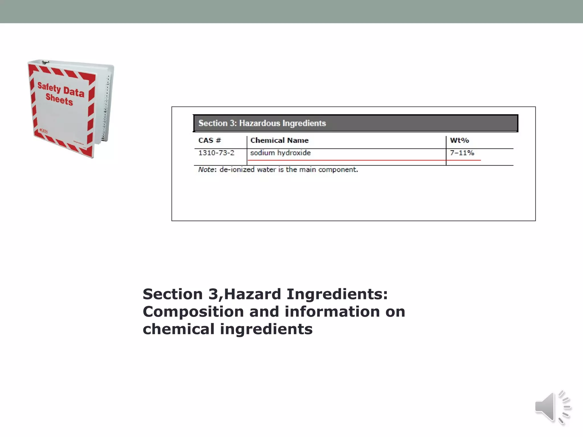 Section 3,Hazard Ingredients:
Composition and information on
chemical ingredients

 
