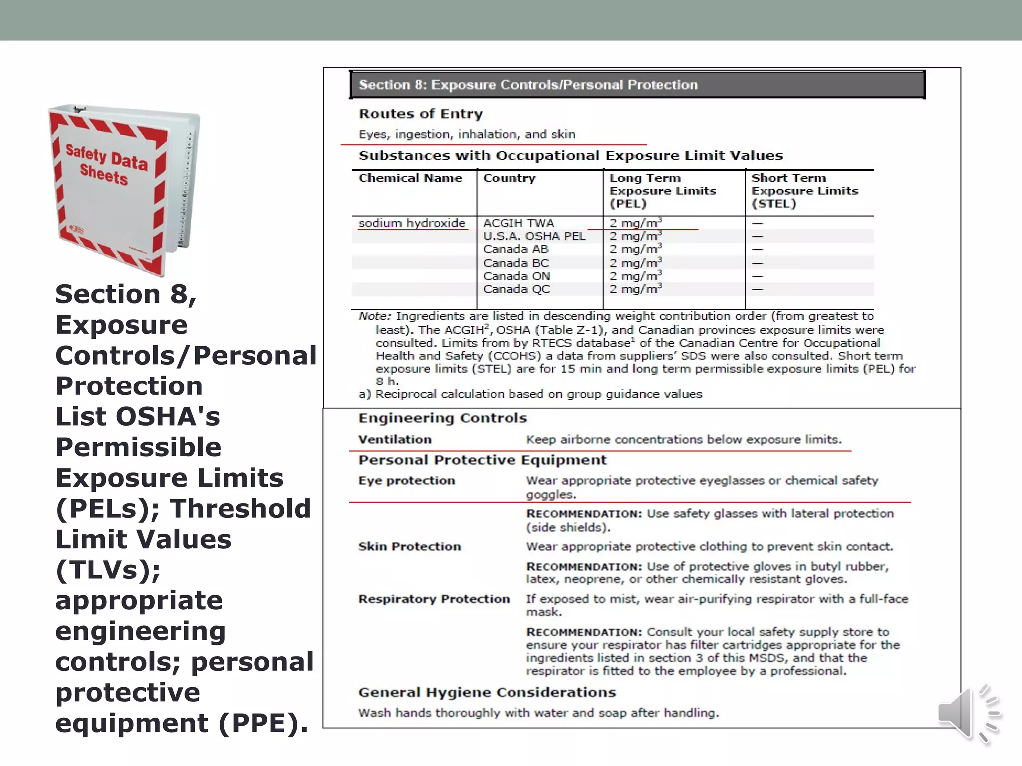 Section 8,
Exposure
Controls/Personal
Protection
List OSHA's
Permissible
Exposure Limits
(PELs); Threshold
Limit Values
(TLVs);
appropriate
engineering
controls; personal
protective
equipment (PPE).

 