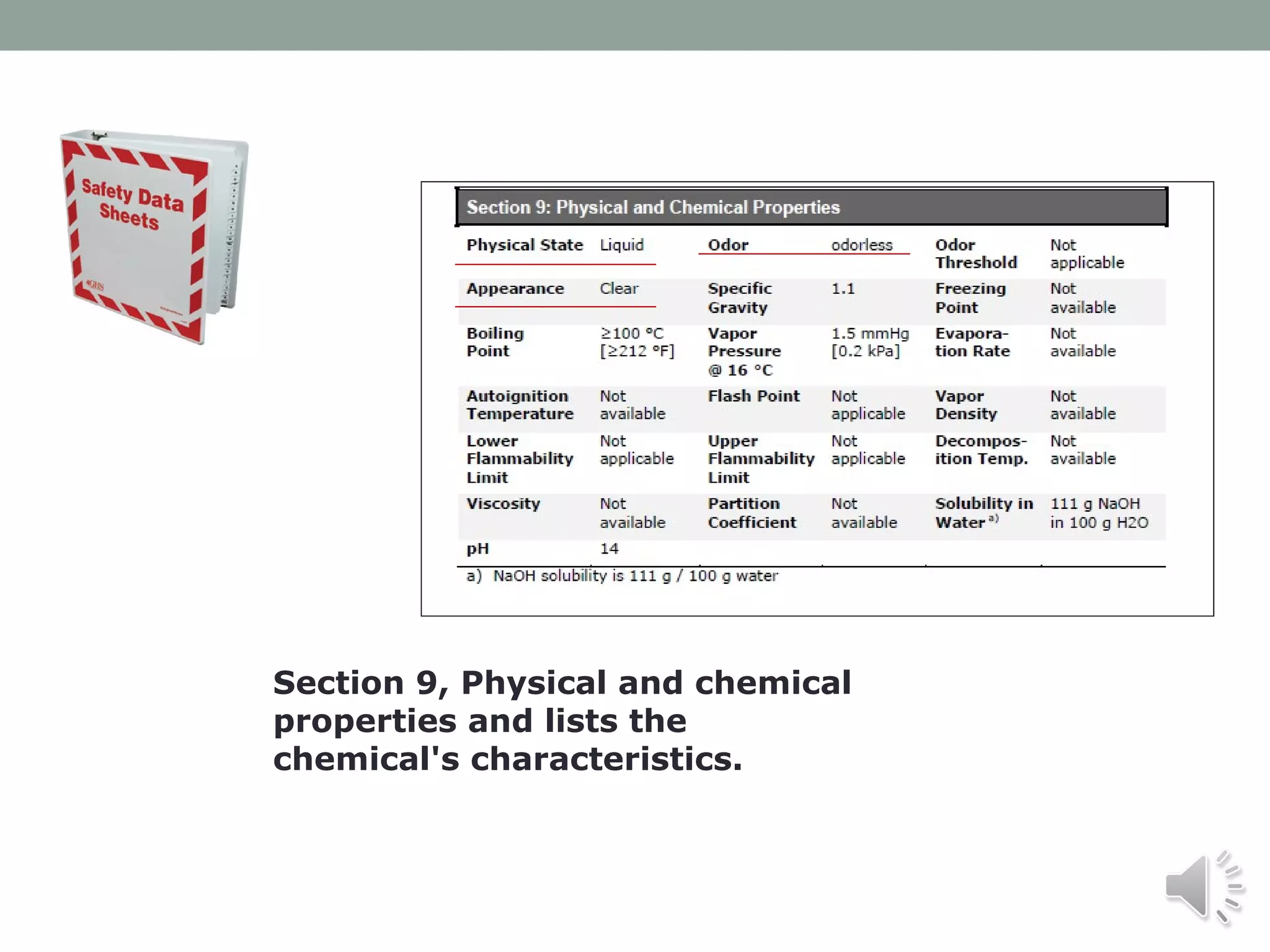 Section 9, Physical and chemical
properties and lists the
chemical's characteristics.

 