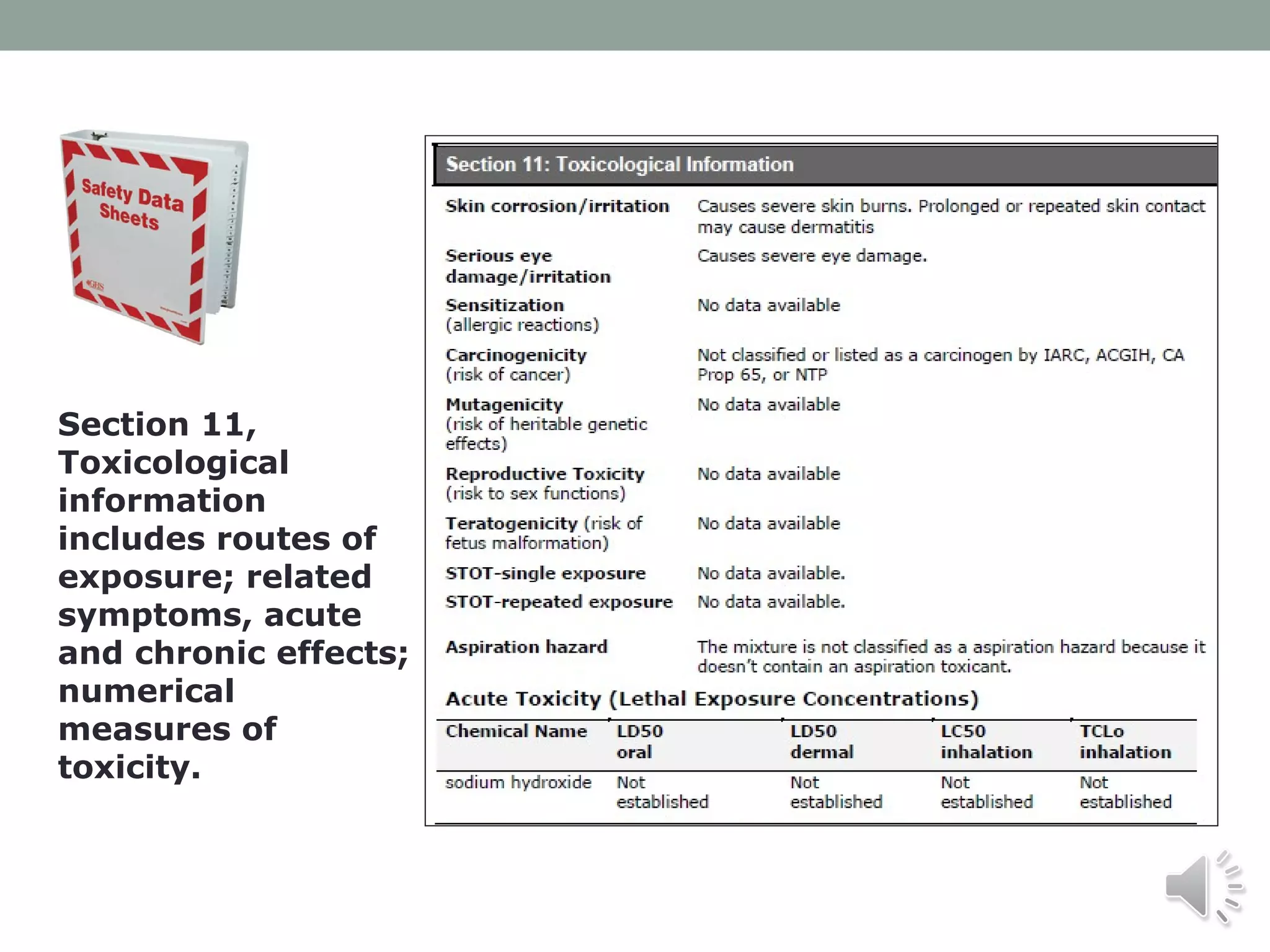 Section 11,
Toxicological
information
includes routes of
exposure; related
symptoms, acute
and chronic effects;
numerical
measures of
toxicity.

 