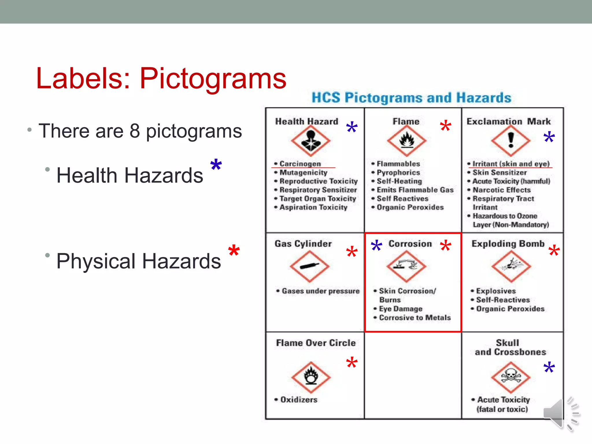 Labels: Pictograms
• There are 8 pictograms

• Health Hazards

*

• Physical Hazards

*

*

*

*

**

*

*

*

*

 