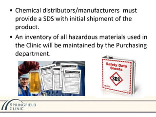 • Chemical distributors/manufacturers must
provide a SDS with initial shipment of the
product.
• An inventory of all hazardous materials used in
the Clinic will be maintained by the Purchasing
department.
 