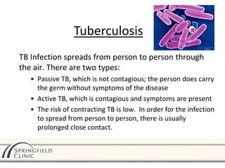 TB Infection spreads from person to person through
the air. There are two types:
• Passive TB, which is not contagious; the person does carry
the germ without symptoms of the disease
• Active TB, which is contagious and symptoms are present
• The risk of contracting TB is low. In order for the infection
to spread from person to person, there is usually
prolonged close contact.
Tuberculosis
 