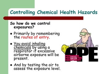 Controlling Chemical Health Hazards
So how do we control
exposures?
 Primarily by remembering
the routes of entry.
 You avoid inhaling
chemicals by using a
respirator if excessive
airborne exposure will be
present.
 And by testing the air to
assess the exposure level.
 