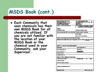  Each Community that
uses chemicals has their
own MSDS Book for all
chemicals utilized. If
you are not familiar with
the location of your
MSDS Book or the
chemical used in your
Community, ask your
Supervisor.
MSDS Book (cont.)
 