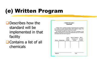 (e) Written Program

Describes how the
 standard will be
 implemented in that
 facility
Contains a list of all
 chemicals
 