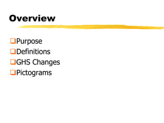 Overview

Purpose
Definitions
GHS Changes
Pictograms
 