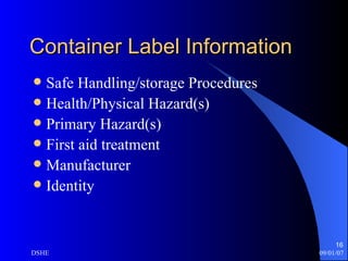Container Label Information Safe Handling/storage Procedures Health/Physical Hazard(s) Primary Hazard(s) First aid treatment Manufacturer Identity 