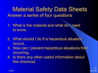 Material Safety Data Sheets Answer a series of four questions 1.  What is the material and what do I need   to know. 2.  What should I do If a hazardous situation    occurs. 3.  How can I prevent hazardous situations from   occurring. 4.  Is there any other useful information about   this chemical. 