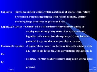 Explosive  – Substances under which certain conditions of shock, temperature or chemical reaction decompose with violent rapidity, usually releasing large quantities of gasses and heat. Exposure/ Exposed – Contact with a hazardous chemical in the course of employment through any route of entry (inhalation,  ingestion, skin contact or absorption, etc.) and includes potential (e. g., accidental or possible) exposure. Flammable Liquids  – A liquid whose vapor can form an ignitable mixture with air.  The liquid is the fuel, the surrounding atmosphere is the oxidizer.  For the mixture to burn an ignition source must be present. 