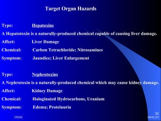 Target Organ Hazards Type:  Hepatoxins A Hepatotoxin is a naturally-produced chemical capable of causing liver damage.  Affect:  Liver Damage Chemical:  Carbon Tetrachloride; Nitrosamines Symptom:  Jaundice; Liver Enlargement Type:  Nephrotoxins A Nephrotoxin is a naturally-produced chemical which may cause kidney damage.  Affect:  Kidney Damage Chemical:  Haloginated Hydrocarbons, Uranium Symptom:  Edema; Proteinuria 