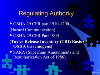 Regulating Authority  OSHA 29 CFR part 1910-1200 (Hazard Communication) OSHA 29 CFR Part 1900 (Toxics Release Inventory (TRI) Basis of OSHA Carcinogens) SARA (Superfund Amendments and Reauthorization Act of 1986) 