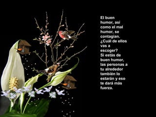 El buen
humor, así
como el mal
humor, se
contagian.
¿Cuál de ellos
vas a
escoger?
Si estás de
buen humor,
las personas a
tu alrededor
también lo
estarán y eso
te dará más
fuerza.
 