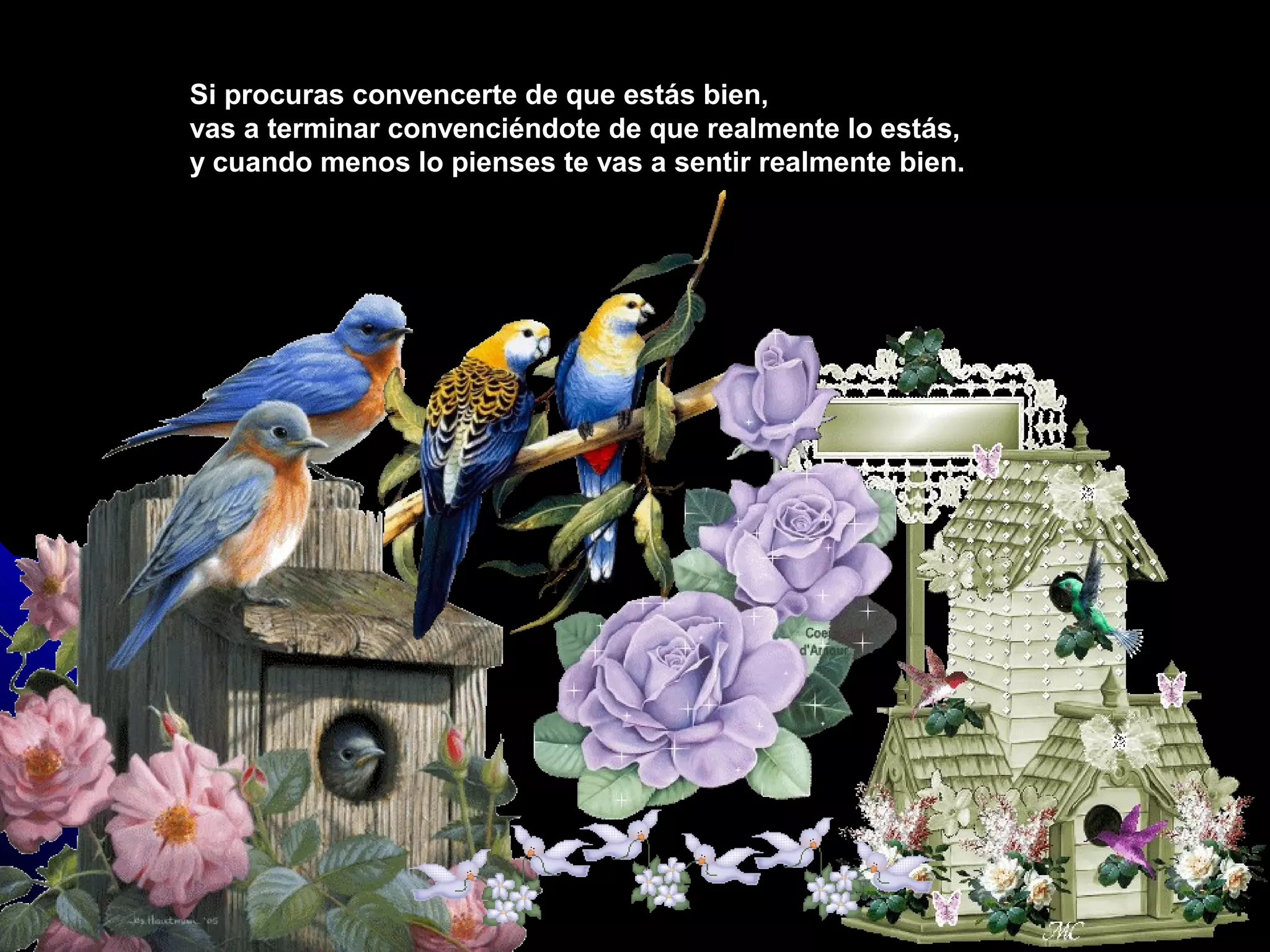 Si procuras convencerte de que estás bien,Si procuras convencerte de que estás bien,
vas a terminar convenciéndote de que realmente lo estás,vas a terminar convenciéndote de que realmente lo estás,
y cuando menos lo pienses te vas a sentir realmente bien.y cuando menos lo pienses te vas a sentir realmente bien.
 