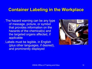 Container Labeling in the Workplace The hazard warning can be any type of message, picture, or symbol that provides information on the hazards of the chemical(s) and the targeted organs affected, if applicable Labels must be legible, in English (plus other languages, if desired), and prominently displayed 