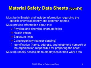 Material Safety Data Sheets  (cont’d) Must be in English and include information regarding the specific chemical identity and common names  Must provide information about the: Physical and chemical characteristics Health effects Exposure limits Carcinogenicity (cancer-causing) Identification (name, address, and telephone number) of the organization responsible for preparing the sheet Must be readily accessible to employees in their work area 