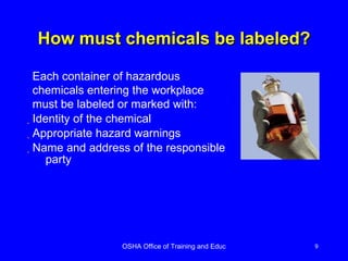 How must chemicals be labeled? Identity of the chemical Appropriate hazard warnings Name and address of the responsible party Each container of hazardous chemicals entering the workplace must be labeled or marked with: 