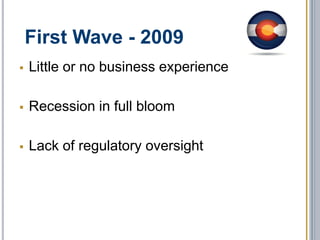 Industry Status
 Half the states have legalized marijuana, including Georgia
 Informal political coalition
 Pre-2000: 95% of MJ smoked
 2015: 40% of MJ smoked
 Oligopoly
 Sophisticated operators
 119K Medical Cards in Colo. – 1.5% of Colo.
 650,000 Colo. users – 12% of Colo.
 National legal cannabis market size: $1.53 billion
 Estimated national legal cannabis market size in 2019: $10.2
billion
 Number of Americans that regularly use cannabis: 17.4 million
 MJ Consumption mirrors alcohol
 