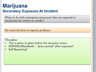 The
Facts
The
Decision
Marijuana
Individual Liability – State Tort Claim
Gallagher v. Bd. of Trustees Univ Northern Colo
2002 Colorado Supreme Court
Colorado Governmental Immunity Act bars
claim not asserted within 180 days of when
injury was “discovered or reasonable should
have been discovered” – “Continuing Violation”
doctrine does not apply. No immunity if acting
outside scope of employment
Gallagher sued University Administrator personally
for defamation. In a staff meeting the Administrator
stated to the group that Gallagher comes to work
smelling of marijuana.
 