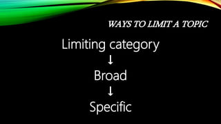 WAYS TO LIMIT A TOPIC
Limiting category
↓
Broad
↓
Specific
 