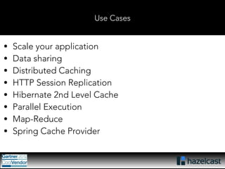 Use Cases 
• Scale your application 
• Data sharing 
• Distributed Caching 
• HTTP Session Replication 
• Hibernate 2nd Level Cache 
• Parallel Execution 
• Map-Reduce 
• Spring Cache Provider 
 