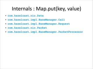 Internals : Map.put(key, value)
• com.hazelcast.nio.Data
• com.hazelcast.impl.BaseManager.Call
• com.hazelcast.impl.BaseManager.Request
• com.hazelcast.nio.Packet
• com.hazelcast.impl.BaseManager.PacketProcessor
 