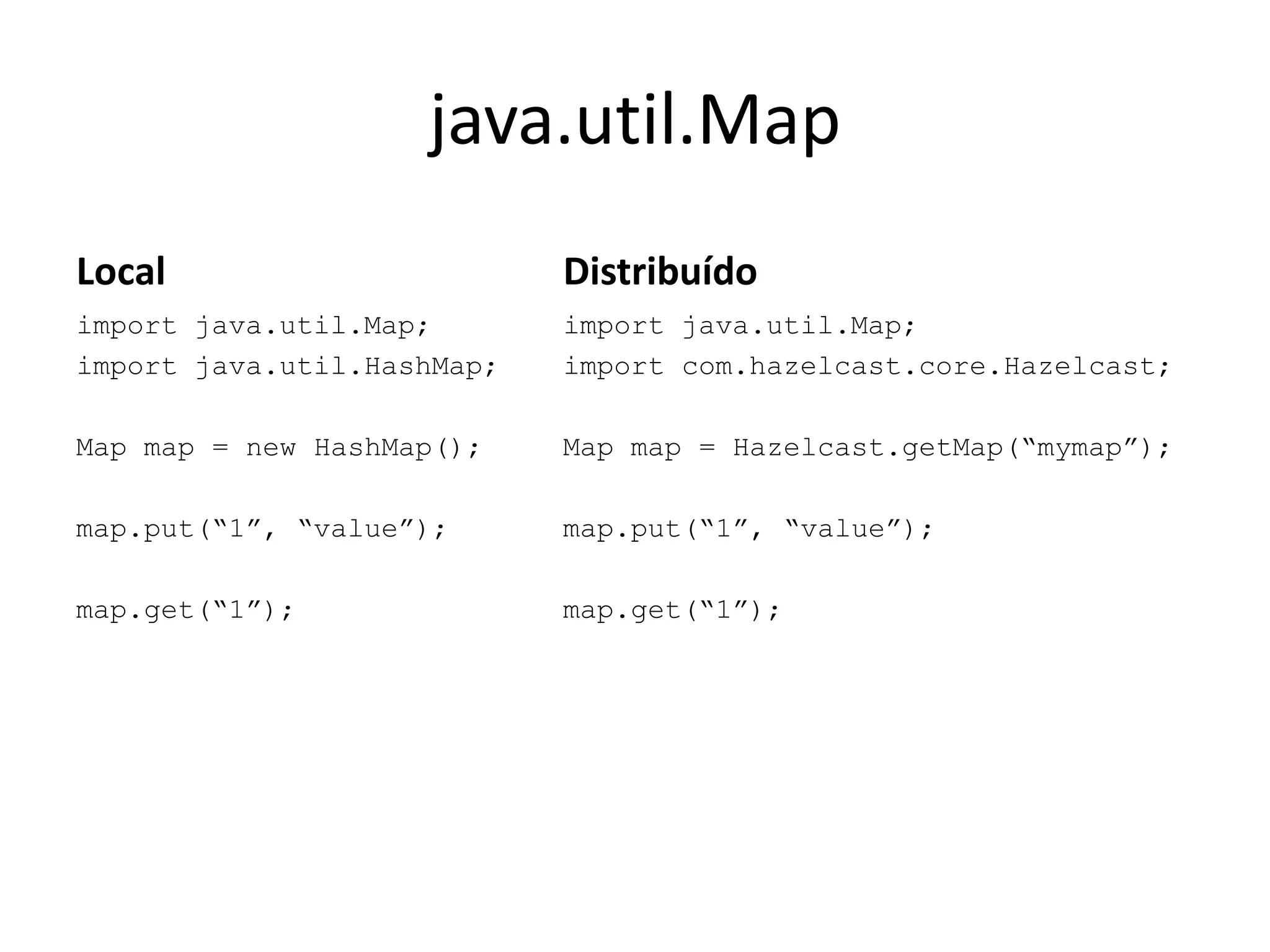 java.util.Map
Local                       Distribuído
import java.util.Map;       import java.util.Map;
import java.util.HashMap;   import com.hazelcast.core.Hazelcast;

Map map = new HashMap();    Map map = Hazelcast.getMap(“mymap”);

map.put(“1”, “value”);      map.put(“1”, “value”);

map.get(“1”);               map.get(“1”);
 