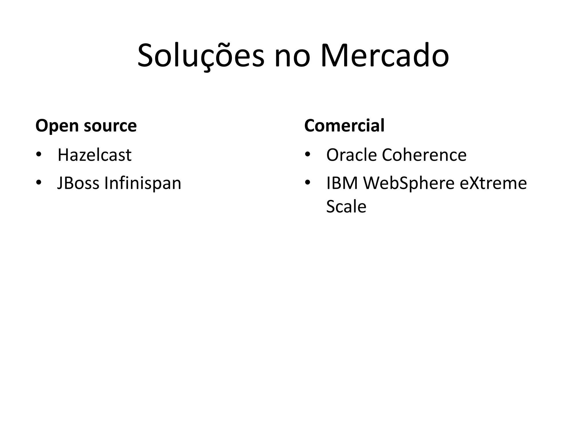 Soluções no Mercado
Open source           Comercial
• Hazelcast           • Oracle Coherence
• JBoss Infinispan    • IBM WebSphere eXtreme
                        Scale
 