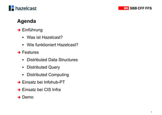 Agenda
2
 Einführung
ƒ Was ist Hazelcast?
ƒ Wie funktioniert Hazelcast?
 Features
ƒ Distributed Data Structures
ƒ Distributed Query
ƒ Distributed Computing
 Einsatz bei Infohub-PT
 Einsatz bei CIS Infra
 Demo
 