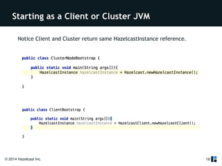 Starting as a Client or Cluster JVM 
© 2014 Hazelcast Inc. 
18 
Notice Client and Cluster return same HazelcastInstance reference. 
 
