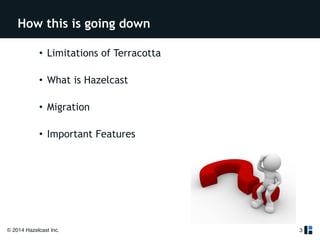 How this is going down 
© 2014 Hazelcast Inc. 
3 
• Limitations of Terracotta 
• What is Hazelcast 
• Migration 
• Important Features 
 