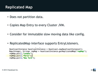 Replicated Map 
© 2014 Hazelcast Inc. 
33 
• Does not partition data. 
• Copies Map Entry to every Cluster JVM. 
! 
• Consider for immutable slow moving data like config. 
! 
• ReplicatedMap interface supports EntryListeners. 
! 
 