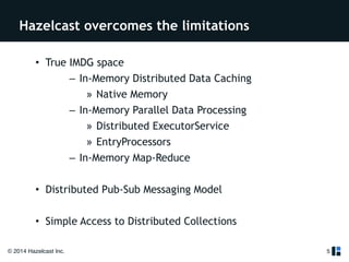 Hazelcast overcomes the limitations 
• True IMDG space 
© 2014 Hazelcast Inc. 
– In-Memory Distributed Data Caching 
» Native Memory 
– In-Memory Parallel Data Processing 
» Distributed ExecutorService 
» EntryProcessors 
– In-Memory Map-Reduce 
! 
• Distributed Pub-Sub Messaging Model 
! 
• Simple Access to Distributed Collections 
5 
 