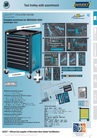 11
T
U
2K-Safety-Insert-System
296i 179-8-2700-163/296
EAN-No. 4000896175253

 


 
  
3/3+
1
4
2
5
3
6
7
8
₪26.700,–
Complete assortment for MERCEDES-BENZ
passenger cars
HAZET – Official tool supplier of Mercedes-Benz Global TechMasters
Tool trolley with assortment
 Wrench set 163-30/25, 25 pieces
6 Ä6 – 24 mm
8 Ä6x7 – 21x22 mm
 Double box-end wrench set 163-53/75, 75 pieces
7 Ä6x8 – 21x24 mm
6 3 – 14 mm 8 10 – 32 mm
N T6–T60 e E4–E24 O T7H–T40H
 Socket set 163-118/57, 57 pieces
6 % 4 – 14 6 b 3 – 8 6 K 0.6 x 3.5 – 1.2 x 8
6 L PH1 – PH2 6 M PZ1 – PZ2 8 % 10 – 34 mm
 Tool set 163-120/24, 24 pieces K L b
 Socket set 163-119/23, 23 pieces
8 b 5 – 19 8 P M8 – M18
 Wrench set 163-95/8, 8 pieces
5 Ä 6x7 – 21x22 mm
 Wrench set 163-97/6, 8 pieces
9 Ä 8 – 19 mm
 Socket set 163-122/3, 3 pieces b s 8, 10, 13 mm
 Pliers set 163-121/4, 4 pieces
 Circlip pliers set 163-124/4, 4 pieces w y
Soft foam insert with compartments for small pieces 163-522x50
Socket set 163-131/8, 8 pieces b
Further tools included:
180-38 426-6 426-7 426-8
450N 5 Ä 24x27 – 30x32 mm
600N 8 Ä27 – 32 mm 612 Ä10 – 11 mm
630 8 Ä24x27 – 30x32 mm
650-20
803LG 1 T15 – T30
824 828-T45 880G/10H 880TZ/10H
900SZ-32 A Ä 32 – 36
918-23 1015/2 1952-35 1976 2130
2147 2154-10 2154N-5 2160 2165-2
2211 L P F Ä4 – 5 mm
2212 L P HÄ6 – 10 mm
6420B 6420C
Assortment
Content:
HAZETOnlinecatalogue
www.hazet.de
296 expert tools!
8 drawers
We accept no liability for printing errors! Recommended retail price net excl. VAT
 