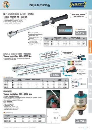 29
T
U
Made in Germany
3 SYSTEM 5000 CLT 20 – 320 Nm
Inkl. 3 weiterer
farbiger
Codierringe!
Made in Germany
Made in Germany
SYSTEM 6000 CT 300 – 2000 Nm
6800 ALU
₪ 1.415,–
₪ 4.630,–
₪ 6.260,–
from
from
from
www.hazet.deWe accept no liability for printing errors! Recommended retail price net excl. VAT
Torque technology
With serial number
and certificate
1 i
Release accuracy
tolerance
from Scale value
Torque
range Nm K
Graduation
Nm
EAN-No.
4000896+ ₪
5121-2 CLT 3 ± 4% 20–120 435 1 104215 1.415,–
5122-2 CLT 3 ± 4% 40–200 545 1 104192 1.504,–
5123-2 CLT 3 ± 4% 60–320 660 1 104222 1.771,–
Torque wrench 20 – 320 Nm
• Click-Lens-Type (CLT) with value readout in the
display guarantees security for the user
• Torque release – palpable – by close gap
release – audible – by click-sound
Click-Lens-Type (CLT)
Safe and exact adjustment of the
desired release torque.
Optimal and easy reading of the
torque value
Three large digits for an easy-to-
read torque setting
Large convex display
(exchangeable) optimises the
readability
Torque wrenches 300 – 2000 Nm
• Less clearance and higher precision through new screw
connection for shell tools
Torque multiplier, 700 – 2800 Nm
• For tight screwed connections
• Avoids the application of long levers, slogging wrenches, etc. – prevents screwed
connections from being damaged
• External energy supply is not necessary
• With return stop
• Low maintenance
• High accuracy ± 5%
• Transmission ratio:
6800 ALU-700 approx. 1:3.5
6800 ALU-1400 approx. 1:3.5
6800 ALU-2800 approx. 1:11
1 i
Torque
range Nm
Graduation Release accuracy
K
#
Min.
#
Max.
EAN-No.
4000896+ ₪
6145-1CT 4 300–800 2.5 ± 2 % 1280 26.1 70.9 025565 6.260,–
6150-1CT 4 400–1000 5 ± 3 % 1788 24.1 60.7 141067 8.360,–
6160-1CT 5 600–1600 5 ± 3 % 2455 26.0 69.8 155316 9.570,–
6170-1CT 5 800–2000 6 ± 4 % 3034 27.8 69.9 177776 13.700,–
300–2000 Nm for
industry and commer-
cial vehicles!
Switching between ratchet and ring shell tool
sizes 32 –46 mm now made easy due to new screw connection!
With serial number
and certificate
Incl. 3 further
coloured
coding rings!
For ring shell tools 6630 A-
sizes 32–46 mm
L2 = 97.5 mm
L1 = 1073 mm
= Ready to be set /
NOT usable
= Ready for work /
usable
1 Output Drive Nm
EAN-No.
4000896+ ₪
6800 ALU-700 4 8 700 143467 4.630,–
6800 ALU-1400 5 9 1400 143481 7.110,–
6800 ALU-2800 5 9 2800 143603 13.260,–
* only with 6145-1CT and box-end wrench 6630A
 