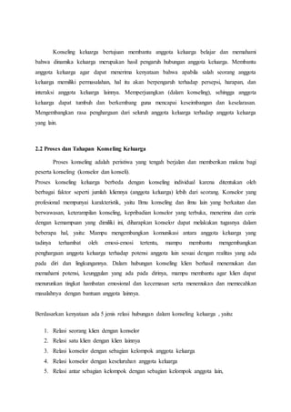 Konseling keluarga bertujuan membantu anggota keluarga belajar dan memahami
bahwa dinamika keluarga merupakan hasil pengaruh hubungan anggota keluarga. Membantu
anggota keluarga agar dapat menerima kenyataan bahwa apabila salah seorang anggota
keluarga memiliki permasalahan, hal itu akan berpengaruh terhadap persepsi, harapan, dan
interaksi anggota keluarga lainnya. Memperjuangkan (dalam konseling), sehingga anggota
keluarga dapat tumbuh dan berkembang guna mencapai keseimbangan dan keselarasan.
Mengembangkan rasa penghargaan dari seluruh anggota keluarga terhadap anggota keluarga
yang lain.
2.2 Proses dan Tahapan Konseling Keluarga
Proses konseling adalah peristiwa yang tengah berjalan dan memberikan makna bagi
peserta konseling (konselor dan konseli).
Proses konseling keluarga berbeda dengan konseling individual karena ditentukan oleh
berbagai faktor seperti jumlah kliennya (anggota keluarga) lebih dari seorang. Konselor yang
profesional mempunyai karakteristik, yaitu Ilmu konseling dan ilmu lain yang berkaitan dan
berwawasan, keterampilan konseling, kepribadian konselor yang terbuka, menerima dan ceria
dengan kemampuan yang dimiliki ini, diharapkan konselor dapat melakukan tugasnya dalam
beberapa hal, yaitu: Mampu mengembangkan komunikasi antara anggota keluarga yang
tadinya terhambat oleh emosi-emosi tertentu, mampu membantu mengembangkan
penghargaan anggota keluarga terhadap potensi anggota lain sesuai dengan realitas yang ada
pada diri dan lingkungannya. Dalam hubungan konseling klien berhasil menemukan dan
memahami potensi, keunggulan yang ada pada dirinya, mampu membantu agar klien dapat
menurunkan tingkat hambatan emosional dan kecemasan serta menemukan dan memecahkan
masalahnya dengan bantuan anggota lainnya.
Berdasarkan kenyataan ada 5 jenis relasi hubungan dalam konseling keluarga , yaitu:
1. Relasi seorang klien dengan konselor
2. Relasi satu klien dengan klien lainnya
3. Relasi konselor dengan sebagian kelompok anggota keluarga
4. Relasi konselor dengan keseluruhan anggota keluarga
5. Relasi antar sebagian kelompok dengan sebagian kelompok anggota lain,
 