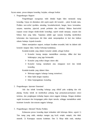 Secara umum, proses tahapan konseling berjalan, sebaagai berikut
1. Pengembangan Rapport
Pengembangan seyogyanya telah dimulai begitu klien memasuki ruang
konseling. Upaya ini ditentukan oleh aspek-aspek diri konselor , yakni: Kontak mata,
Perilaku non-verbal (perilaku attending, bersahabat/akrab, hangat, luwes keramahan,
senyum, menerima, jujur/asli, penuh perhatian dan terbuka). Bahasa lisan/verbal
(sapaan sesuai dengan teknik-teknik konseling), seperti ramah menyapa, senyum dan
bahasa lisan yang halus. Tujuannya adalah agar suasana konseling memberikan
keberanian dan kepercayaan diri klien untuk menyampaikan isi hati dan bahkan
rahasia batinnya kepada konselor.
Dalam menciptakan rapport, terdapat kesulitan tersendiri, baik itu dialami oleh
konselor maupun klien. berikut beberapa kendalanya;
Kendala-kendala yang dialami konselor adalah, sebagai berikut:
? Konselor kurang mampu menstabilkan emosinya, dilihat dari latar
belakangnya yang juga bermasalah.
? Konselor yang terikat dengan sistem nilai.
? Konselor kurang memahami atau menguasai teori dan teknik
konseling.
Kendala-kendala yang dialami klien:
? Beberapa anggota keluarga kurang termotivasi.
? Klien hadir dengan terpaksa.
? Klien berpengalaman konseling.
2. Pengembangan Apresiasi Emosional
Ada dua teknik konseling keluarga yang efektif yaitu sculpting dan role
playing. Kedua teknik ini memberikan peluang bagi pernyataan-pernyataan emosi
tertekan, dan penghargaan terhadap luapan emosi anggota keluarga. Dengan demikian
segala kecemasan dan keteganggan psikis dapat mereda, sehingga memudahkan untuk
treatment konselor dan rencana anggota keluarga.
3. Pengembangan Alternatif Modus Perilaku
Kelancaran proses konseling dapat terhambat oleh beberapa faktor, seperti 1)
Tata ruang yang salah, misalnya ruangan yng kecil, sempit, sumpek, dan tidak
menarik. 2) Kurangnya suasana keintiman. Dan 3) Sikap tidak enak, misalnya
 