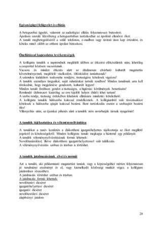 28
Egészségügyi felügyelet és ellátás
A betegszobai ügyelet, valamint az audiológiai ellátás folyamatosan biztosított.
Ápolásra szoruló fekvőbeteg a betegszobában tartózkodhat az ápolónő ellenőrzi őket.
A tanuló megbetegedéséről a szülő telefonon, e-mailben vagy távirati úton kap értesítést, és
köteles minél előbb az otthoni ápolást biztosítani.
Önellátással kapcsolatos tevékenységek
A kollégista tanulók a napirendnek megfelelő időben az étkezési előkészületek után, lehetőleg
a csoporttal közösen vacsoráznak.
Vacsora és minden étkezés alatt az általánosan elvárható kulturált magatartás
követelményeinek megfelelő viselkedést, öltözködést tanúsítsanak!
A számukra kialakított teakonyha rendjére, tisztaságára kötelesek vigyázni!
A tanulók személyes tárgyaikat, saját ruhatárukat tartsák rendben! Minden tanulónak arra kell
törekednie, hogy megjelenése gondozott, kulturált legyen!
Minden tanuló fordítson gondot a tisztaságra, a higiéniai körülmények betartására!
Romlandó élelmiszert kizárólag az erre kijelölt helyen (hűtő) lehet tartani!
A szoba rendje, tisztaság érdekében feladatok ellátására mindenki kötelezhető.
A kollégista tanulók hálószoba kulccsal rendelkeznek. A kollégiumból való távozásukkor
kötelesek a hálószoba ajtaját kulccsal bezárni. Bent tartózkodás esetén a szobaajtót bezárni
tilos!
Villanyoltás után, az éjszakai pihenés alatt a tanulók nem zavarhatják társaik nyugalmát!
A tanulók tájékoztatása és véleménynyilvánítása
A tanulókat a tanév kezdetén a diákotthoni igazgatóhelyettes tájékoztatja az őket megillető
jogokról és kötelességekről. Minden kollégista tanuló megkapja a házirend egy példányát.
A tanulók véleménynyilvánításának formái lehetnek:
Nevelőtanárokkal, illetve diákotthoni igazgatóhelyettessel való találkozás.
A véleménynyilvánítás szóban és írásban is történhet.
A tanulók jutalmazásának elvei és normái
Azt a tanulót, aki példamutató magatartást tanúsít, vagy a képességeihez mérten folyamatosan
jó tanulmányi eredményt ér el, vagy kiemelkedő közösségi munkát végez, a kollégium
jutalomban részesítheti.
A jutalmazás történhet szóban és írásban.
A jutalmazás formái lehetnek:
nevelőtanári dicséret
igazgatóhelyettesi dicséret
igazgatói dicséret
nevelőtestületi dicséret
alapítványi jutalom
 