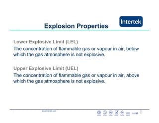 www.intertek.com
Lower Explosive Limit (LEL)
The concentration of flammable gas or vapour in air, below
which the gas atmosphere is not explosive.
Upper Explosive Limit (UEL)
The concentration of flammable gas or vapour in air, above
which the gas atmosphere is not explosive.
Explosion Properties
 