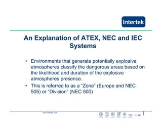 www.intertek.com
An Explanation of ATEX, NEC and IEC
Systems
• Environments that generate potentially explosive
atmospheres classify the dangerous areas based on
the likelihood and duration of the explosive
atmospheres presence.
• This is referred to as a “Zone” (Europe and NEC
505) or “Division” (NEC 500)
 