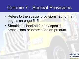 Column 7 - Special Provisions
• Refers to the special provisions listing that
  begins on page 515
• Should be checked for any special
  precautions or information on product
 