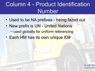 Column 4 - Product Identification
           Number
• Used to be NA prefixes - being fazed out
• New prefix is UN - United Nations
  – used globally for uniform referencing
• Each HM has its own unique ID#
 