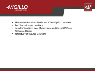 • This study is based on the data of 2000+ Vigillo Customers
• Two Years of Inspection Data
• Includes Violations from Maintenance and Cargo BASICs as
  formulated today
• Total study of 895,480 violations
 