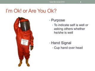 Yazid Bin Ismail 2012 2 
I’m Ok! or Are You Ok? 
• Purpose 
• To indicate self is well or 
asking others whether 
he/she is well 
• Hand Signal 
• Cup hand over head 
 