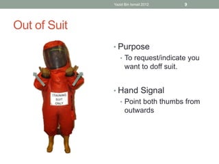 Out of Suit 
Yazid Bin Ismail 2012 9 
• Purpose 
• To request/indicate you 
want to doff suit. 
• Hand Signal 
• Point both thumbs from 
outwards 
 