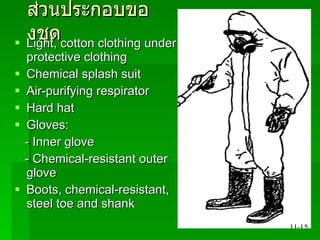 ส่วนประกอบของชุด Light, cotton clothing under protective clothing Chemical splash suit Air-purifying respirator Hard hat Gloves: - Inner glove - Chemical-resistant outer glove Boots, chemical-resistant, steel toe and shank 