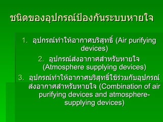 ชนิดของอุปกรณ์ป้องกันระบบหายใจ อุปกรณ์ทำให้อากาศบริสุทธิ์  (Air purifying devices) อุปกรณ์ส่งอากาศสำหรับหายใจ  (Atmosphere supplying devices) อุปกรณ์ทำให้อากาศบริสุทธิ์ใช้ร่วมกับอุปกรณ์ส่งอากาศสำหรับหายใจ  (Combination of air purifying devices and atmosphere-supplying devices) 